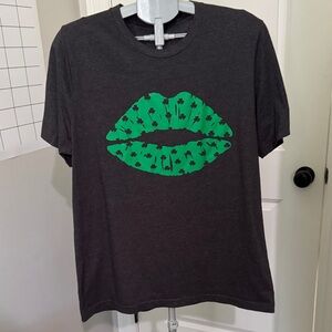 Bella Canvas Charcoal Tee with Green Lips and Clover Design